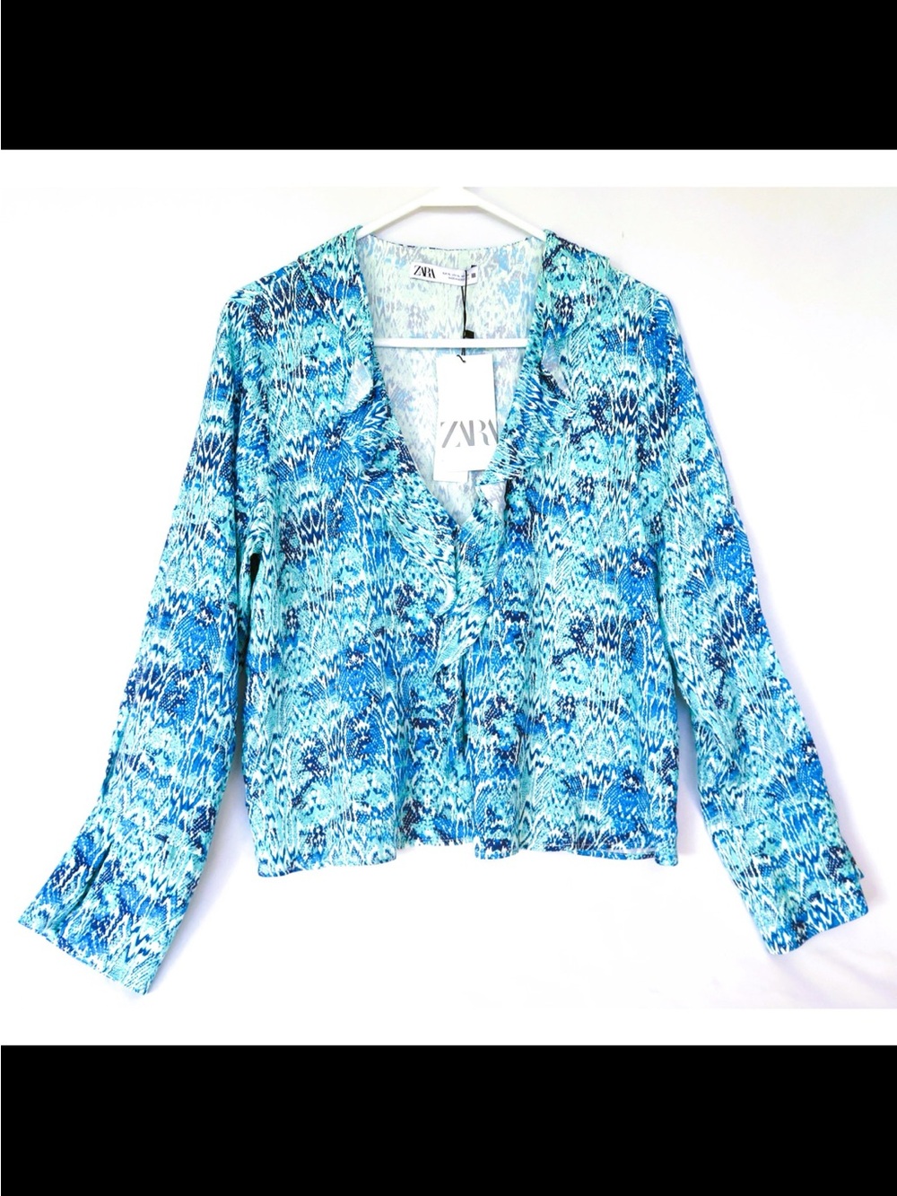 Zara Turquoise & Navy Patterned V-Neck Blouse